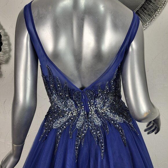 NWT~$625~FLAIR~6~BLUE BEADED EMBELLISHED FIT & FLARE PROM BALL GOWN MAXI DRESS - Picture 13 of 16